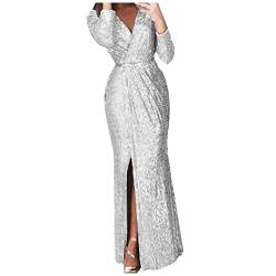 Faschingskostüme Damen Sexy Kleidung Damen Paillettenkleid Glitzer Plisseekleid Sexy V-Ausschnitt Maxikleid Bodenlang Volant Abendkleider Elegant Hochzeit Partykleid Frauen Cocktailkleid Weiß M von LUNULE