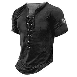 Herren Hemd Langarm Compression Shirt Karohemd Herren MäNner Mittelalter Retro SchnüRen Henley Shirt V-Ausschnitt Kurzarm Vintage Casual Tshirts Sommer Outdoor Gym Shirt Herren (Schwarz, S) von LUNULE