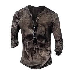 Hoodie Herren Hemd Herren Kurzarm Hawaii Hemd Männer Retro Totenkopf Drucken Henley Shirt V-Ausschnitt Freizeithemd Gotisch Lustig 3D Druck Sweatshirt Mit Knöpfe Dunkelgrau M von LUNULE