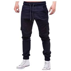 Jogginghose Herren, Cargohose Baggy Hose Cargo Pants Einfarbige Cargo Hose Casual Kordelzug Cargohose Elastische Freizeithose Mit Tasche Us Army Shirt Work Pants Men(Navy,S) von LUNULE