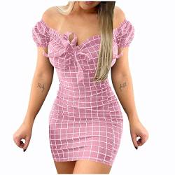 LUNULE Damen Minikleid Modern Kariert Kurzkleid V-Ausschnitt Freizeitkeid Sexy Schulterfrei Knielang Partykleid für Female Babydoll Tunika Partykleid A Linie Bleistiftkleid Weibliche Cocktailkleid von LUNULE