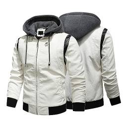 LUNULE Herren Jacke Übergangsjacke Windbreaker Herren Gefüttert Schwarzer Mantel Herbst Winter Patchwork Leder Zipper Hoodies Mit Taschen Casual Warm Outdoor Winter Jacke (Weiß, M) von LUNULE