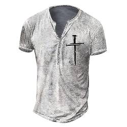 LUNULE Herren Tshirts Vintage Stickerei Drucken T-Shirt Kurzarm Sleeve V-Ausschnitt Tee Oberteil mit Knöpfe Regular Fit Streetwear für Männer Sommer Basic Top Bluse Sportshirt Laufshirt Kurzarmshirt von LUNULE