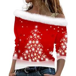 LUNULE Oversize Hoodie Damen Weihnachtskleid Damen Blusen Damen Fleecepullover Damen Weihnachten 3D Druck Plüsch Schulterfrei Langarm Pulli Shirt Mit Schulterriemen Xmas Hoodie Y2K (Gray, XL) von LUNULE