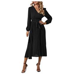 LUNULE Piratenkleid Damen Weiß Cowboy Kostüm Damen Kleid Langarm Plisseekleid mit Gürtel V-Ausschnitt Ballkleid Lässige Langkleider mit Rüschen Einfarbig Midikleid Wadenlang Tunika Kleid Schwarz XL von LUNULE