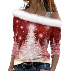LUNULE Sweater Damen Weihnachtspullover Unisex Cardigan Damen Lang Oversize Hoodie Weihnachten 3D Druck Plüsch Schulterfrei Langarm Pulli Shirt Mit Schulterriemen Xmas Weihnachts-Shirt (Hot Pink, M) von LUNULE
