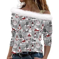 Langarmshirt Mädchen Damen Langarm Pullover Swetshirt Sweatshirt Damen Ohne Kapuze Damen Unterhemden Weihnachten 3D Druck Plüsch Schulterfrei Langarm Pulli Shirt Mit Schulterriemen Xmas Pulli Decke von LUNULE