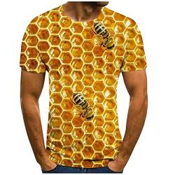 Muskelshirts Herren Summer Tops Gym Kleidung Herren MäNner Bienenfest 3D Vintage Biene Drucken Rundhalsausschnitt Kurzarm Shirt Bienenwabe Muster Summer T-Shirts Herren (Gold, XL) von LUNULE