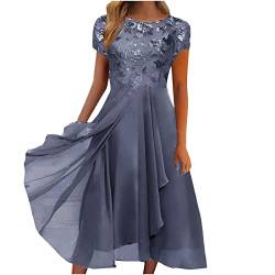 Prinzessin Kleid Mädchen Boho Kleid Damen Langes Kleid Damen Partykleid Damen Elegant Spitze Patchwork Chiffon Kleider Rundhals Mittlerer Ärmel Swing Minikleid Maxi Kleid (Gray, L) von LUNULE