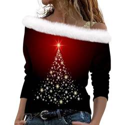 Strickjacken Für Damen Christmas Shirt Damen Gothic Fun-T-Shirts Weihnachten 3D Druck Plüsch Schulterfrei Langarm Pulli Shirt Mit Schulterriemen Xmas XXL Hoodie Damen Oversized (Blue, XXL) von LUNULE