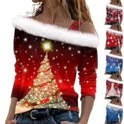 Sweatjacke Damen Weihnachtshoody Sportshirt Damen Locker Hemden Weihnachten 3D Druck Plüsch Schulterfrei Langarm Pulli Shirt Mit Schulterriemen Xmas Motorrad Hoodie Mit Protektoren (Blue, XXL) von LUNULE