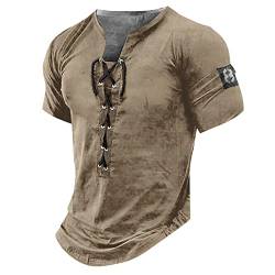 T-Shirts FüR Herren Sommer Top WeißEs Hemd MäNner Mittelalter Retro SchnüRen Henley Shirt V-Ausschnitt Kurzarm Vintage Casual Tshirts Sommer Outdoor Herren Tshirt V Ausschnitt (Braun, S) von LUNULE