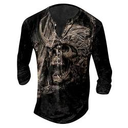 Tshirt Herren Herren T Shirt V Ausschnitt Brusttasche Herren Retro Totenkopf Drucken Henley Shirt V-Ausschnitt Freizeithemd Gotisch Lustig 3D Druck Sweatshirt Mit Knöpfe Weiß XL von LUNULE