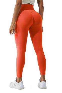 LUODUODUO Sport Gym Leggings Damen - High Waist Scrunch Butt Push Up Boom Booty Seamless Sporthose Laufhose Fitnesshose Tights (05 Orangerot)- L von LUODUODUO