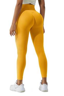 LUODUODUO Sport Gym Leggings Damen - High Waist Scrunch Butt Push Up Boom Booty Seamless Sporthose Laufhose Fitnesshose Tights (07 Mango Gelb)- S von LUODUODUO