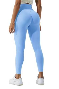 LUODUODUO Sport Gym Leggings Damen - High Waist Scrunch Butt Push Up Boom Booty Seamless Sporthose Laufhose Fitnesshose Tights (08 Hellblau)- L von LUODUODUO