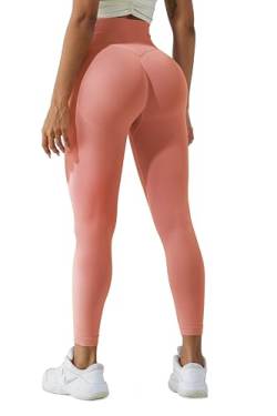 LUODUODUO Sport Gym Leggings Damen - High Waist Scrunch Butt Push Up Boom Booty Seamless Sporthose Laufhose Fitnesshose Tights (09 Rosa Orange)- L von LUODUODUO