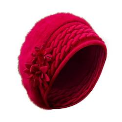 LUOEM Damen Baskenmütze gestrickte Beanie Plüsch Winter Warm Damen Kopfbedeckung mit Blumen (rot) von LUOEM