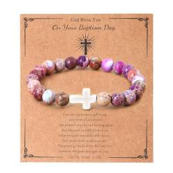 LUOKIFUR Damen-Kreuz-Armband, Taufgeschenk, christlich-katholisches religiöses Naturstein-Perlenarmband, inspirierendes Geschenk für Sie (Purple mixed color) von LUOKIFUR