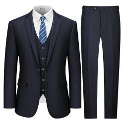 LUPURTY Anzüge für Herren, 3-teiliger Herrenanzug, schmale Passform, solide Jacke, Weste, Hose mit Krawatte, Ein-Knopf-Smoking-Set, Dunkles Marineblau , S von LUPURTY