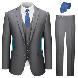 LUPUTY Anzüge für Männer, 3 Stück, schwarze Herrenanzüge, schmale Passform, solide Jacke, Weste, Hose mit Krawatte, zwei Knöpfe, grau, 3XL von LUPURTY