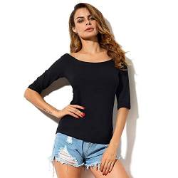 LUSMAY Damen Schulterfrei Top Halbarm Sommer Baumwolle Blusen U-Boot-Ausschnitt T-Shirt, schwarz, X-Groß von LUSMAY