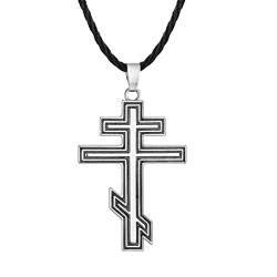 LUTAKU Vintage Russisch-orthodoxe Kreuz-Halskette für Herren, byzantinisches Kreuz-Anhänger, christliches Suppedaneum-Kreuz, schwarze Lederkette, Amulett Schmuck, Leder von LUTAKU