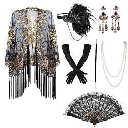 1920er Flapper Accessoires Set für Damen, 7PCS Roaring 20s Accessoires 1920er Jahre Zubehör für Gatsby Inklusive Abendschal mit Fransen Langen Satinhandschuhen Stirnband Perlenkette Ohrringen von LUTER