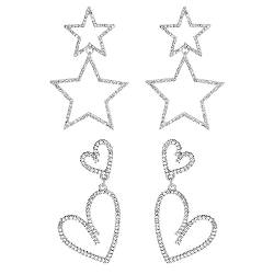 2 Paar Stern Ohrringe, Herz Ohrringe, Liebesherz Große Herz Ohrringe Kristall-Stern-Ohrringe Glitzernd Tropfen-Ohrringe Schmuck für Frauen Mädchen Hochzeit Geburtstagsfeier Valentinstag (Silber) von LUTER