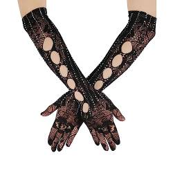 2stk Handschuhe aus Tüll mit Strass, 40cm Rosenmuster Netzhandschuhe Schwarz Lang Glatter Stretch-Mesh-Tüll Lange Handschuhe Brauthandschuhe für Oper Halloween Kostüm Party Tanz (Schwarz) von LUTER