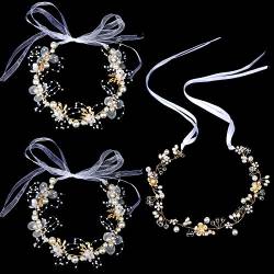 3 Stck Blumenmädchen Kopfschmuck, Elegant Braut Stirnband Legierung Blumenperle Tiara Blumenmädchen Stirnband Hochzeit Kopfschmuck für Braut Braut Haarteile für Frauen Mädchen (Gold) von LUTER