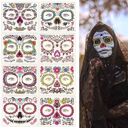 Gesichtstatoo Aufkleber, 8 Blatt Halloween Tattoo Aufkleber Leuchtend Temporäre Tattoo Tag der Toten Gesichtsaufkleber für Maskerade Kostüm Make-up Cosplay-Partyzubehör von LUTER