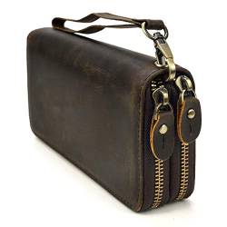 LUUFAN Echtes Leder Doppelreißverschluss Lange Brieftasche Große Kapazität Leder Clutch Wallets mit Handschlaufe (Braun 1) von LUUFAN
