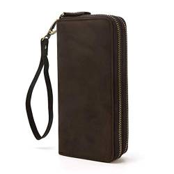 LUUFAN Echtes Leder Doppelreißverschluss Lange Brieftasche Große Kapazität Leder Clutch Wallets mit Handschlaufe (Braun 3) von LUUFAN