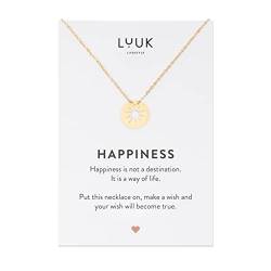 LUUK LIFESTYLE Damenhalskette Edelstahl mit Sonnen Anhänger und HAPPINESS Geschenkkarte, femininer Modeschmuck, Glücksbringer, Gold von LUUK LIFESTYLE