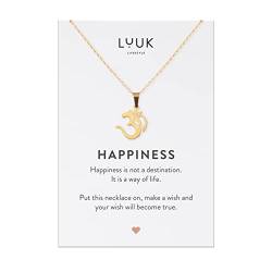 LUUK LIFESTYLE Filigrane Halskette mit Om I Goa Anhänger und HAPPINESS Spruchkarte, Edelstahl, Geschenkidee, Hindu- und Buddhistische Glücksbringer, Damenschmuck, Gold von LUUK LIFESTYLE