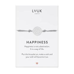 LUUK LIFESTYLE Filigranes Armband mit Blumen Anhänger und HAPPINESS Karte, Geschenk für Freundinnen, handgefertigt, modernes Modeaccessoire, Trendiges Look, Reiseglücksbringer, Silber von LUUK LIFESTYLE