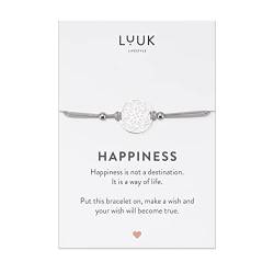 LUUK LIFESTYLE Filigranes Armband mit Blumen Anhänger und HAPPINESS Karte, Geschenk für Freundinnen, handgefertigt, modernes Modeaccessoire, Trendiges Look, Reiseglücksbringer, Silber von LUUK LIFESTYLE