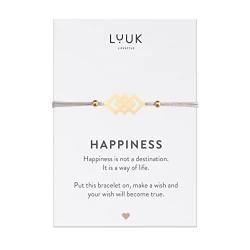 LUUK LIFESTYLE Filigranes Armband mit Quadrat Anhänger und HAPPINESS Spruchkarte, Glücksbringer, Freundschaftssymbol, Geschenkidee, handgefertigtes Schmuckstück, Seidenband, Gold von LUUK LIFESTYLE