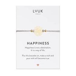 LUUK LIFESTYLE Freundschaftsarmband aus Edelstahl mit Blume Anhänger und HAPPINESS Karte, Glücksbringer, Freundschaftssymbol, Geschenkidee, handgefertigtes Schmuckstück, Seidenabend, Gold von LUUK LIFESTYLE