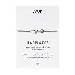 LUUK LIFESTYLE Freundschaftsarmband mit Infinity Anhänger und HAPPINESS Karte, Geschenk für Freundinnen zu Weihnachten, handgefertigt, modernes Modeaccessoire, Festival, Reise Glücksbringer, Silber von LUUK LIFESTYLE