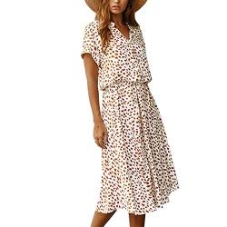 LUVOEURE Damen Sommer Maxikleid Polka Dot Boho Kurzarm Casual V-Ausschnitt Midi Kleider Knielang Cocktail Freizeitkleider für Damen Weiß M von LUVOEURE