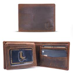 LUXE LEVIOSA Bifold Geldbörse aus echtem Leder für Herren, genarbtes Echtleder, RFID-blockierend, stilvolle Geldbörse mit 2 Ausweisfenstern, Kaffee, (11.5X2x9.5)cm, Bifold-2id-01lv von LUXE LEVIOSA