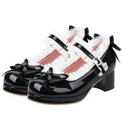 LUXMAX Damen Kawaii Schuhe Mid Block Heel Mary Jane Rockabilly Pumps mit Schleife, Patent-schwarz, 40.5 EU von LUXMAX
