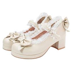 LUXMAX Frauen Kawaii Mid Block Heel Mary Jane Rockabilly Pumps mit Schleife Plateau Chunky Heel Cute Sweet Shoes, Beige, 38 EU von LUXMAX