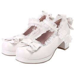 LUXMAX Frauen Kawaii Mid Block Heel Mary Jane Rockabilly Pumps mit Schleife Plateau Chunky Heel Cute Sweet Shoes, Weiss/opulenter Garten, 40 EU von LUXMAX