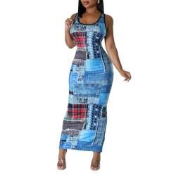 Damen Schick Denim Imitation Kleid Lässig Rundhalsausschnitt Ärmellos 3D-gedruckt Figurbetont Stretch Maxikleid Trend Streetwear (Color : Blue, Size : M) von LUXRUB