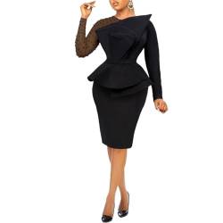 LUXRUB Damen Elegantes Netz Langarm Büroarbeitskleid Modisches Einfarbiges Gerüschtes Figurbetontes Midi Bleistiftkleid Mit Hoher Taille (Color : Black, Size : 3XL) von LUXRUB