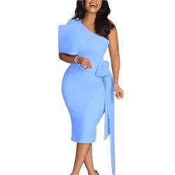 LUXRUB Damen Sexy One Shoulder Abendkleid Elegant Kurzärmelig Große Schleife Verziert Hohe Taille Figurbetont Midi Bleistiftkleider (Color : Blue, Size : 3XL) von LUXRUB