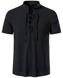 LUYANA Fashion Herren Leinen Hemd Kurzarmhemd Sommer Casual Henley Shirts Schwarz XL von LUYANA